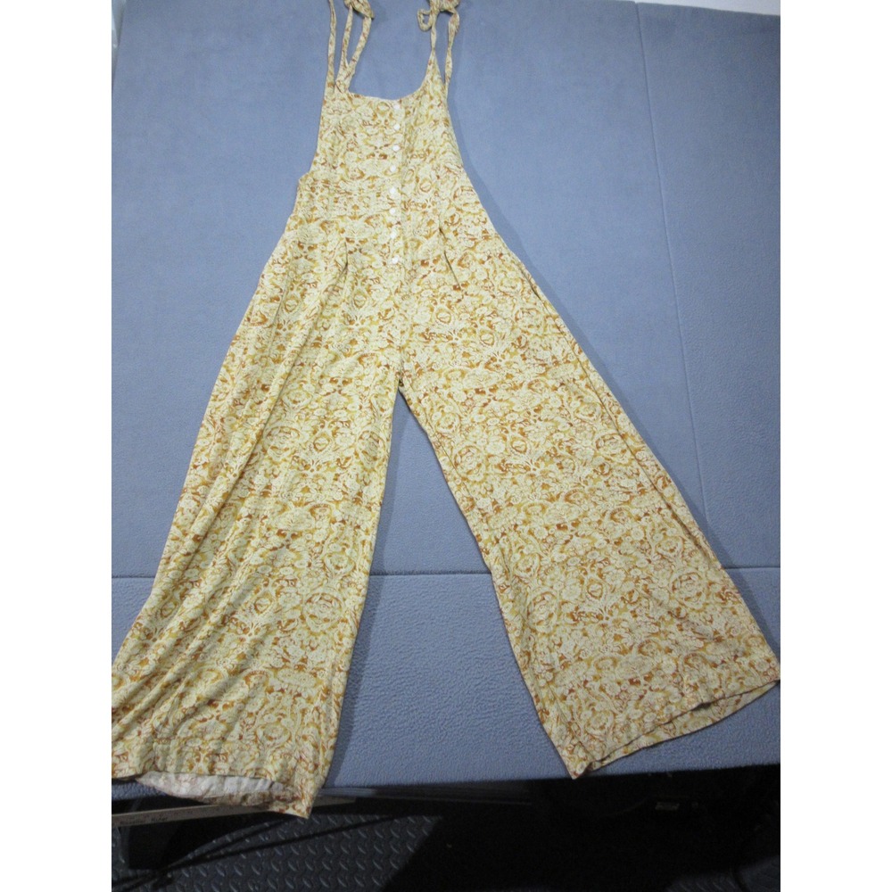 Free People Jumpsuit Womens Small Yellow Paisley Wide Leg Boho Bib Smocked